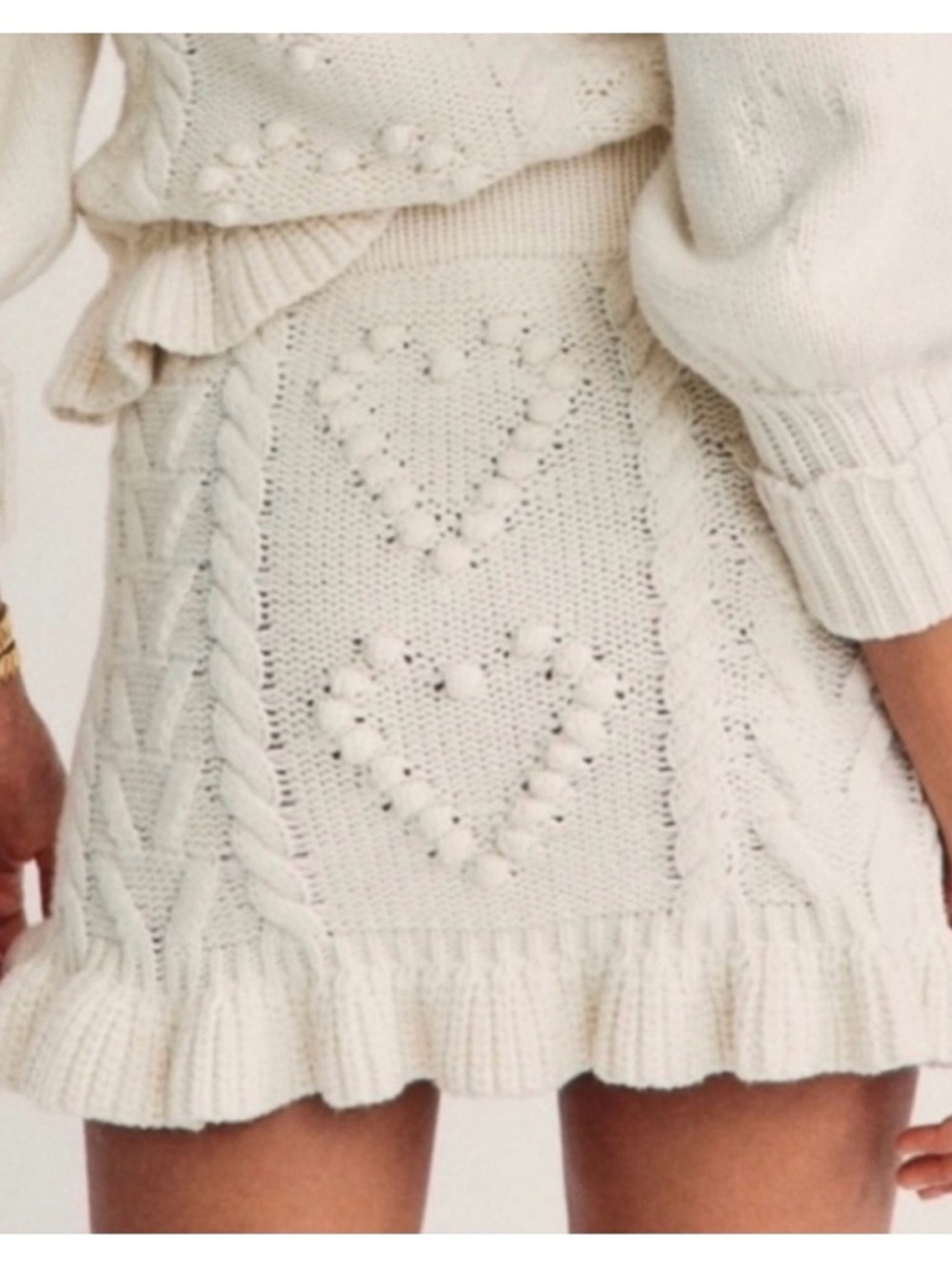 LoveShackFancy Cream Heart-Embellished Cable Knit Mini Skirt